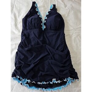 NWTD Profile Gottex 16W Tutti Frutti Blue Ruffle 1PC Swimsuit Dress 130035